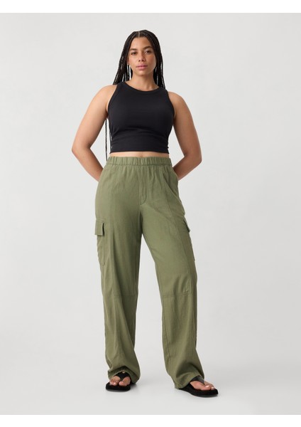 Kadın Haki Keten Karışımlı Paraşüt Kargo Pantolon indirimleri