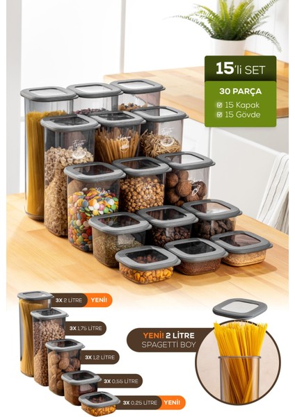 15'li Hava Geçirmez Saklama Kabı Seti, Antrasit, Plastik, 25+ Parça, Gri