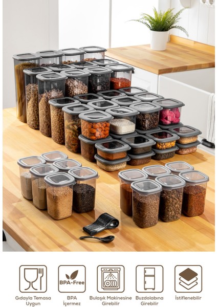 15'li Hava Geçirmez Saklama Kabı Seti, Antrasit, Plastik, 25+ Parça, Gri