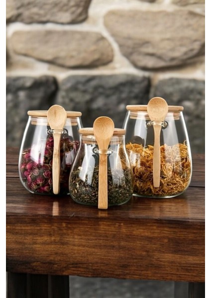 3'lü Cam Kavanoz Seti, Bambu Kapak, Baharatlık, 350-1000 ml, Beyaz renk