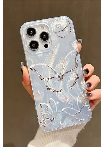 Apple iPhone 16 Pro Max Kılıf Parlak Hologramlı Kelebek Desenli Darbe Emici Kamera Korumalı Silikon
