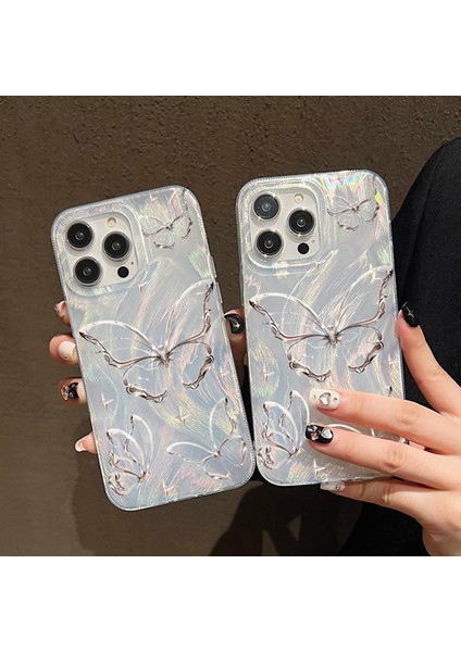 Apple iPhone 16 Pro Max Kılıf Parlak Hologramlı Kelebek Desenli Darbe Emici Kamera Korumalı Silikon
