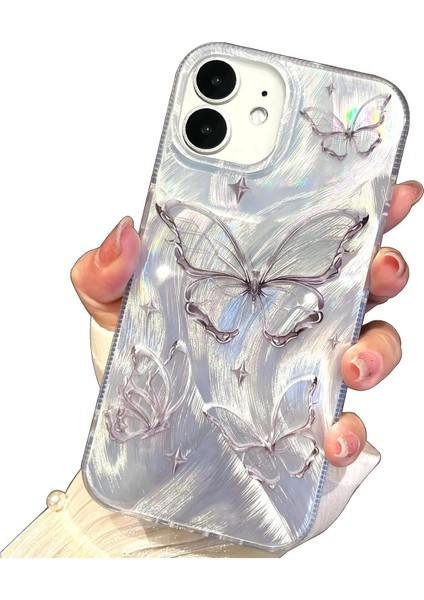Apple iPhone 12 - 12 Pro Kılıf Parlak Hologramlı Kelebek Desenli Darbe Emici Kamera Korumalı Silikon