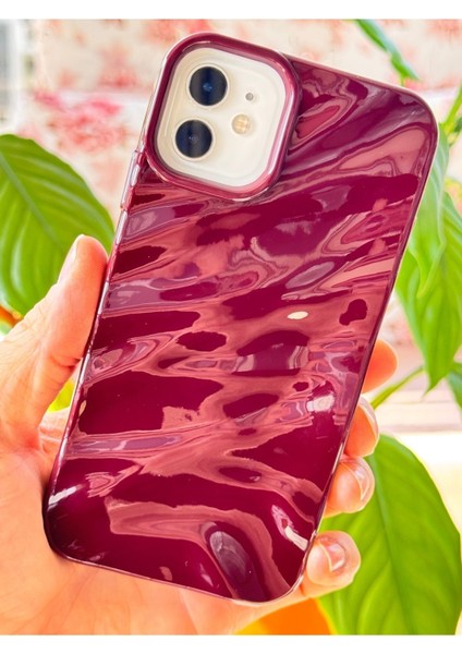 Apple iPhone 12 - 12 Pro Kılıf Parlak Kabartmalı Dalga Tasarımlı Desenli Mürdüm Darbe Emici Kapak modelleri
