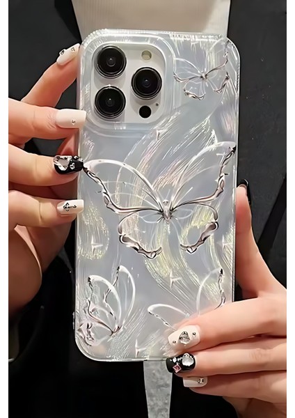 Apple iPhone 16 Pro Max Kılıf Parlak Hologramlı Kelebek Desenli Darbe Emici Kamera Korumalı Silikon