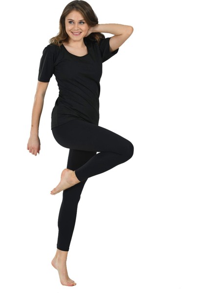 Siyah Kadın Yarım Kollu Termal Sauna Atlet Tayt Takım - 746 - Beden 3xl Drstr