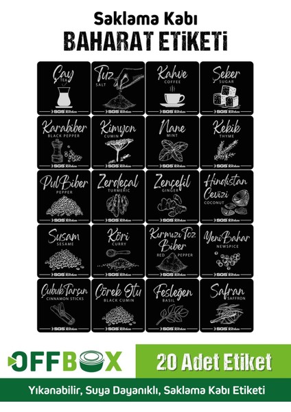 Yıkanabilir 20'li Baharat ve Saklama Kabı Etiketleri, 40 Adet, Suya Dayanıklı, Siyah
