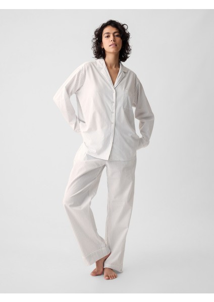 Kadın Gri Desenli Poplin Pijama Üstü