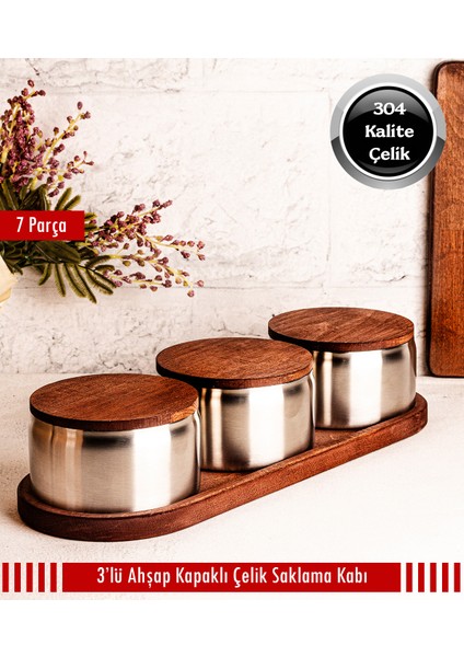 Ahşap Kapak Çelik Çerezlik 7 Parça Sızdırmaz Saklama Kabı 12CM