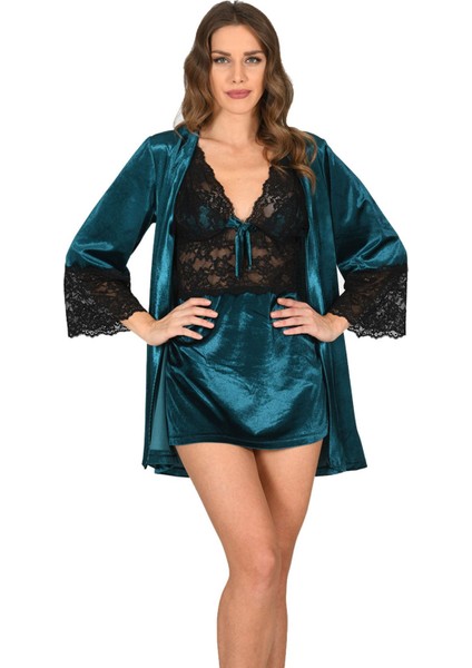 Petrol Yeşili Kadife Sabahlık & Gecelik Takım 2' Li - 1443 - Beden S/m Drstr