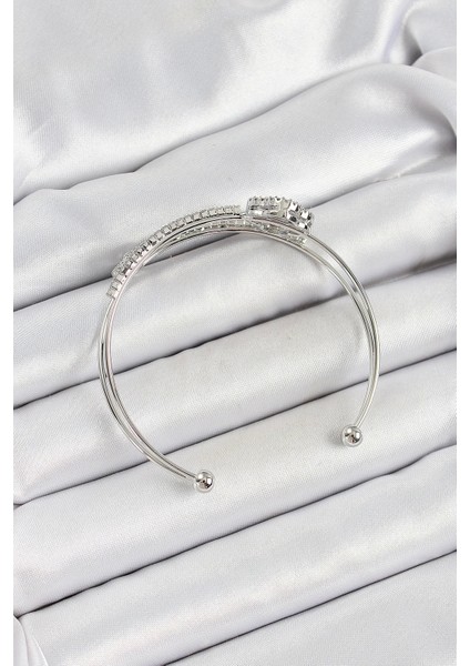 Pirinç Gümüş Renk Zirkon Taşlı Yonca Model 2'li Kadın Bileklik - Bamido