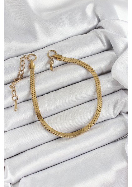 316L Çelik Gold Renk Yassı Zincir Model Kadın Bileklik - Bamido