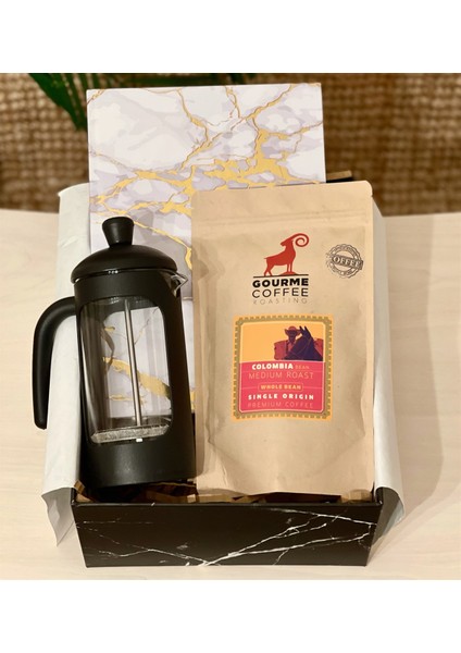 Altın Varak Tasarımlı Ajanda French Press & Filtre Kahveli Sevgiliye Hediye Seti