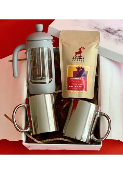 Çift Gümüş Kupa French Press Filitre Kahve Sevgiliye Seti