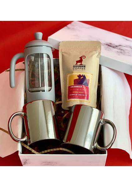 Çift Gümüş Kupa French Press Filitre Kahve Sevgiliye Seti modelleri