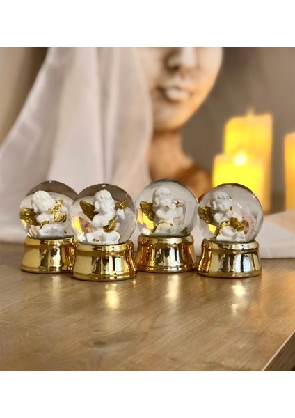 Gold Kupa Mini Elmas Gece Lambası ve Altınyaldızlı Melek Kar Küresi Yılbaşı Seti