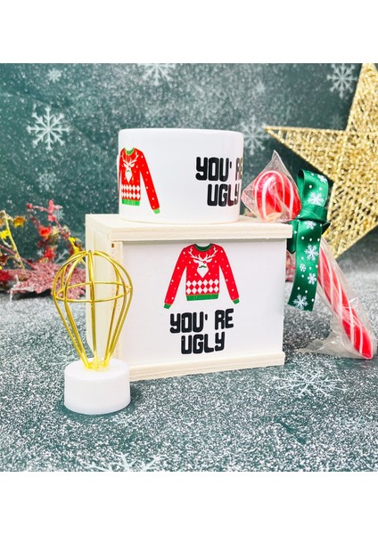 You're Ugly Tasarımlı Kutulu Kupa Baston Şeker ve Mini Balon Gece Lambası Yılbaşı Seti