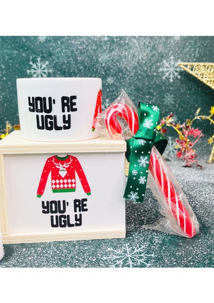 You're Ugly Tasarımlı Kutulu Kupa Baston Şeker ve Mini Balon Gece Lambası Yılbaşı Seti