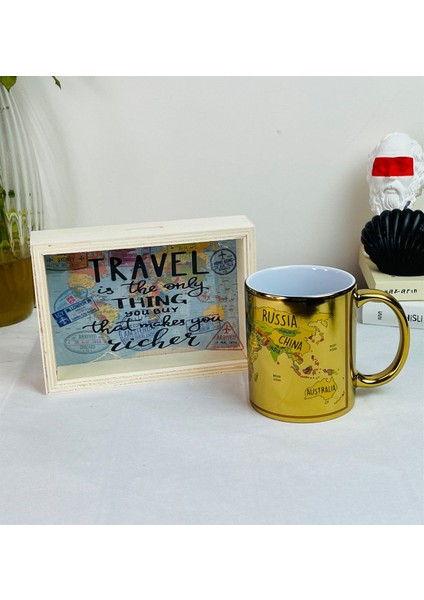 Travel Journal Tasarımlı Ahşap Kumbara ve Dünya Haritası Gold Kupa Set