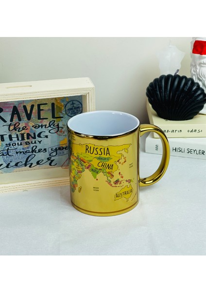 Travel Journal Tasarımlı Ahşap Kumbara ve Dünya Haritası Gold Kupa Set fiyatları