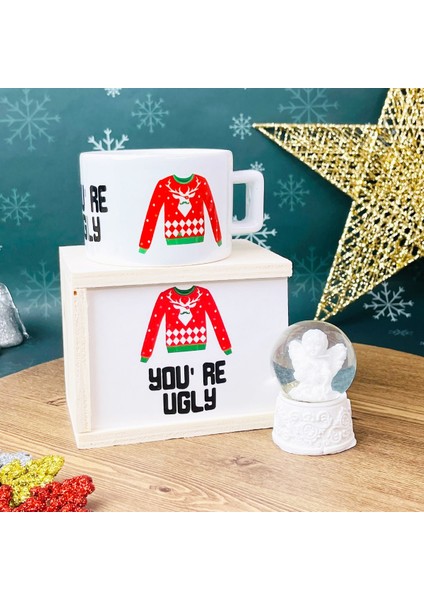 You're Ugly Yılbaşı Tasarımlı Kutulu Kupa ve Mini Beyaz Melek Kar Küresi Set