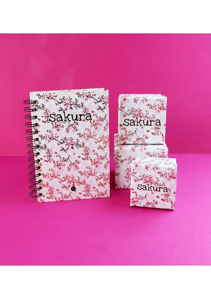 Kırmızı Sakura 3'lü Mini Hediye Kutusu ve Dot Defter, Doodle Book Set