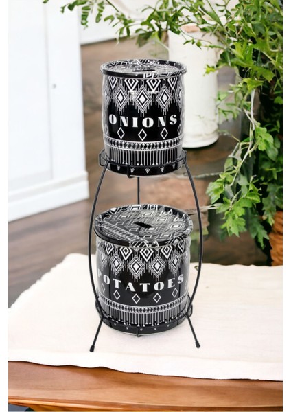 Şık Siyah 2 Katlı Metal Sebzelik, Patates ve Soğanlık Organizer, 160 Boyut
