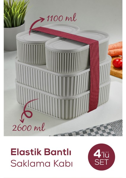 4'lü Pratik Elastik Bantlı Saklama Kabı Seti, Gri, Dayanıklı ve İstiflenebilir