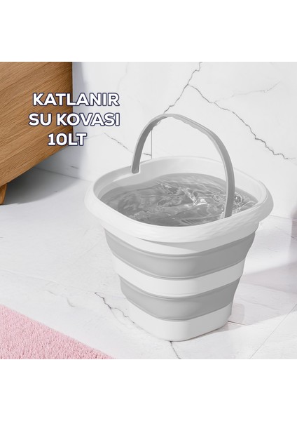 1175 Damla Katlanabilir Silikon Su Kovası 28X30CM Banyo Balkon Temizlik Kovası - 10 Lt Gri Beyaz