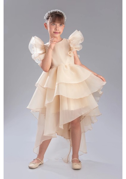 Şık Tasarım Prenses Taçlı Kuyruklu Kız Çocuk Abiye Elbise