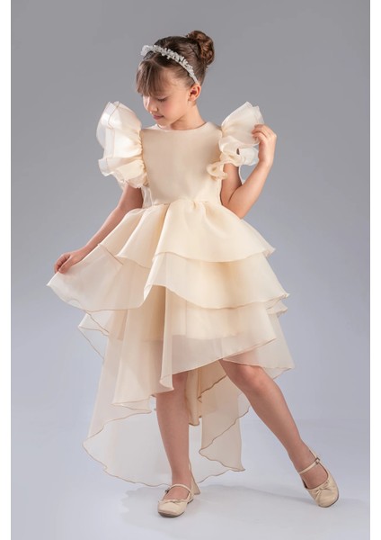 Şık Tasarım Prenses Taçlı Kuyruklu Kız Çocuk Abiye Elbise modelleri