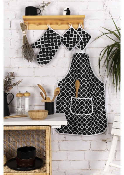 Şık 4’lü Mutfak Seti: Önlük, Eldiven ve Tutacak Takımı, Siyah, 50x70 cm