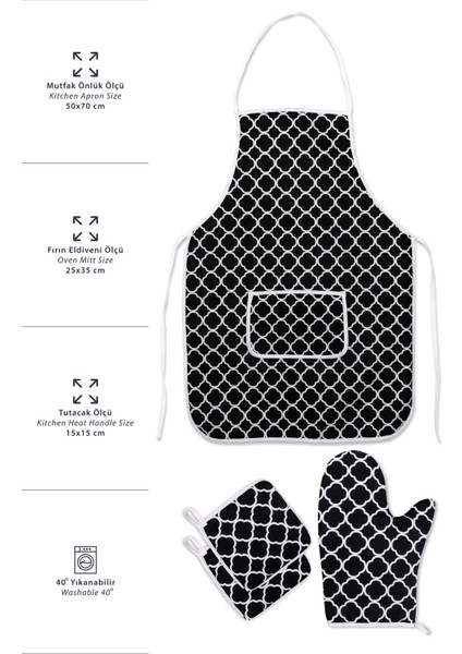 Şık 4’lü Mutfak Seti: Önlük, Eldiven ve Tutacak Takımı, Siyah, 50x70 cm fiyatları