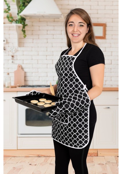 Şık 4’lü Mutfak Seti: Önlük, Eldiven ve Tutacak Takımı, Siyah, 50x70 cm