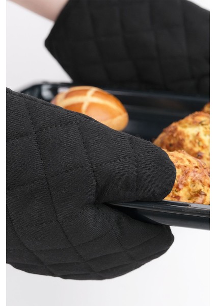 Siyah 2'li yanmaz ve ısıya dayanıklı fırın eldiveni seti, pamuk polyester, 17x27 cm fırsatları