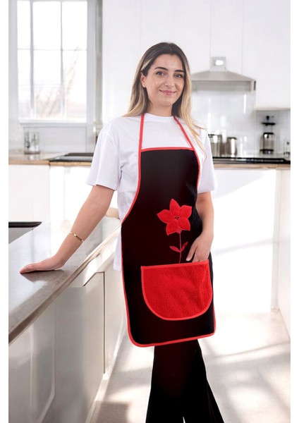 Çiçekli Siyah Mutfak Önlüğü, 50x70 cm, şık ve koruyucu mikrofiber tasarım