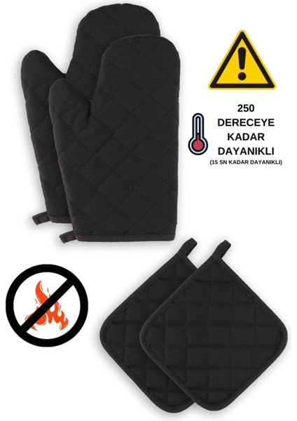 Siyah Yanmaz ve Isıya Dayanıklı Fırın Eldiveni ve Tutacak Seti (2'li) 17x27