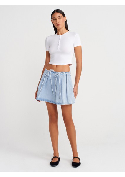 80585 Önü Fiyonklu Mini Denim Etek-Mavi