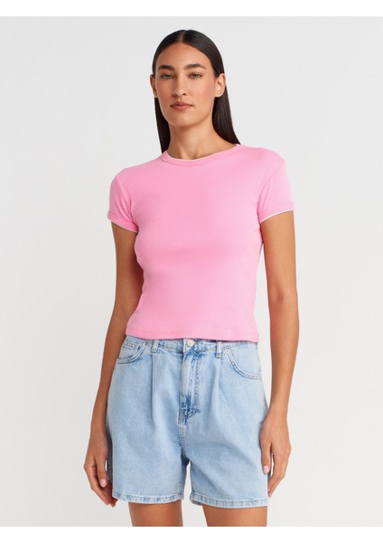 31750 Kontrast Kısa Kollu Tshirt-Pembe