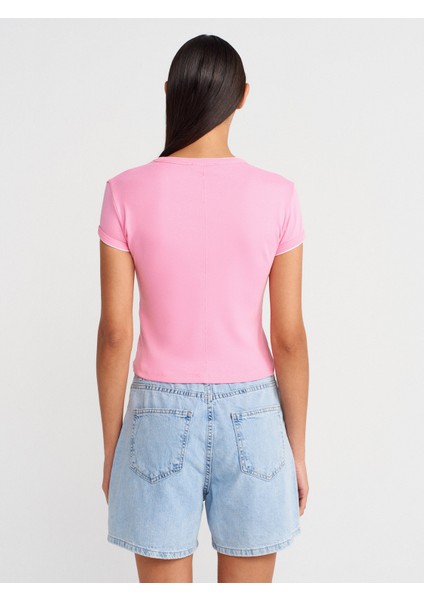 31750 Kontrast Kısa Kollu Tshirt-Pembe