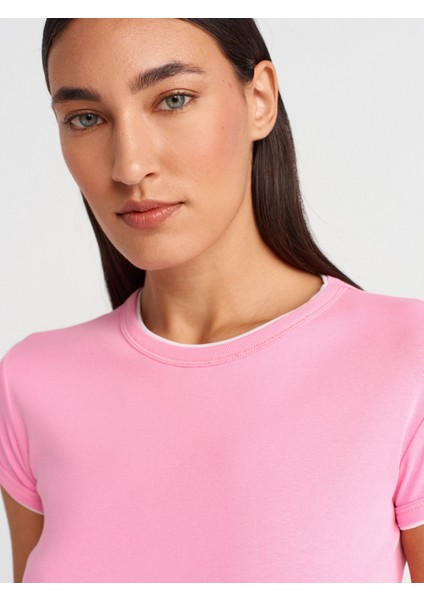 31750 Kontrast Kısa Kollu Tshirt-Pembe