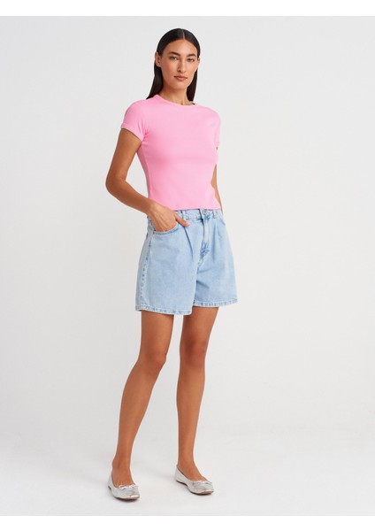 31750 Kontrast Kısa Kollu Tshirt-Pembe