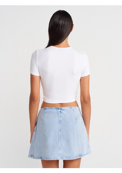 80585 Önü Fiyonklu Mini Denim Etek-Mavi