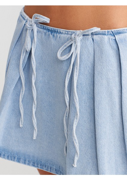 80585 Önü Fiyonklu Mini Denim Etek-Mavi