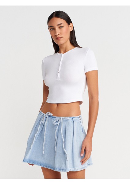 80585 Önü Fiyonklu Mini Denim Etek-Mavi