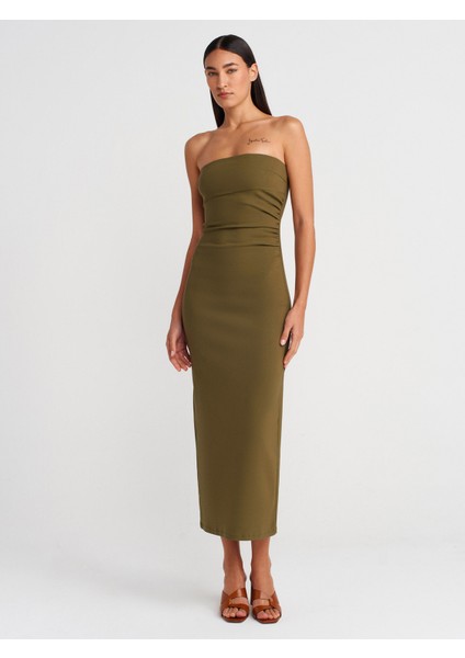 91368 Straplez Midi Elbise-Haki