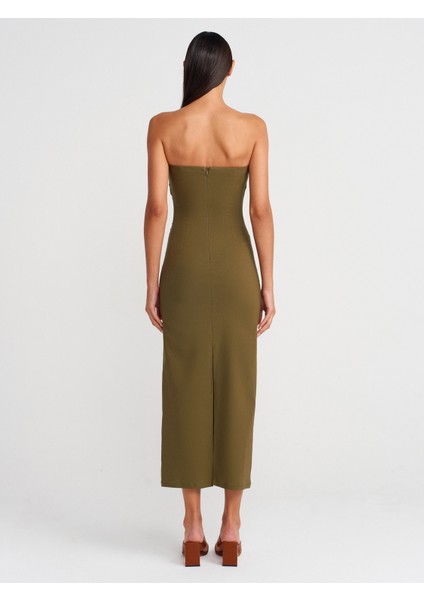 91368 Straplez Midi Elbise-Haki