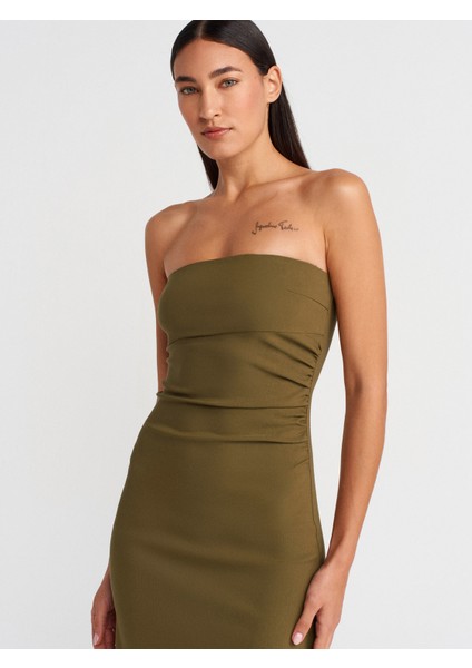 91368 Straplez Midi Elbise-Haki