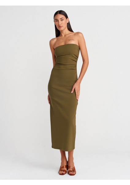91368 Straplez Midi Elbise-Haki