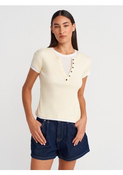 31783 Çift Katlı Düğmeli T-Shirt-Açık Sarı